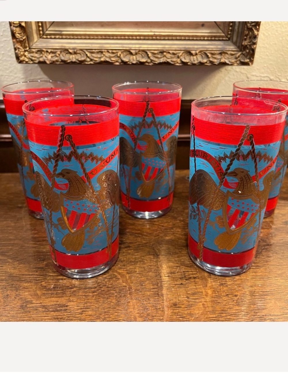 Regimental Drum Patriotic Red and Blue Eagle Glass Tumbler Set